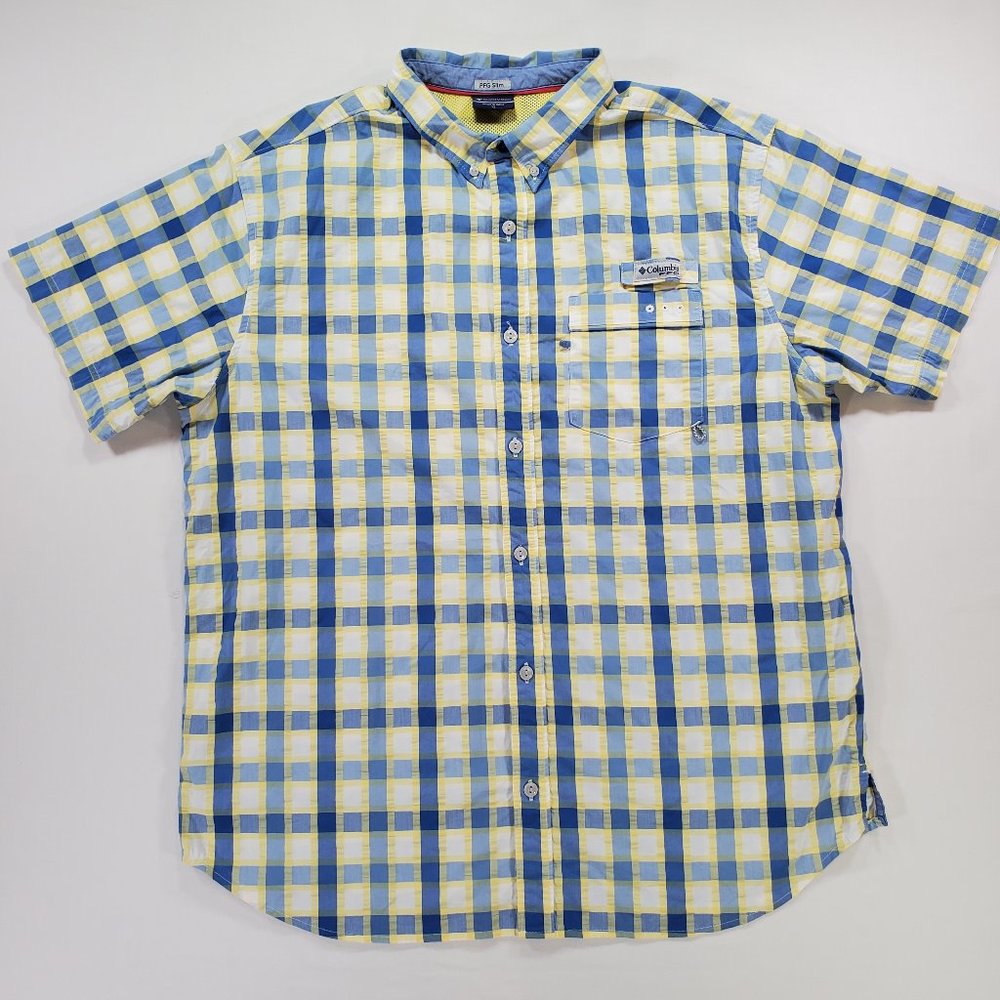 Columbia PFG Fishing Shirt Men XL Blue Yellow Check Plaid Slim Vented Seersucker